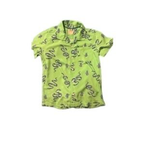 Lime Green Snake and Bee Print Short Sleeve Button Down Shirt Streetwear Top
